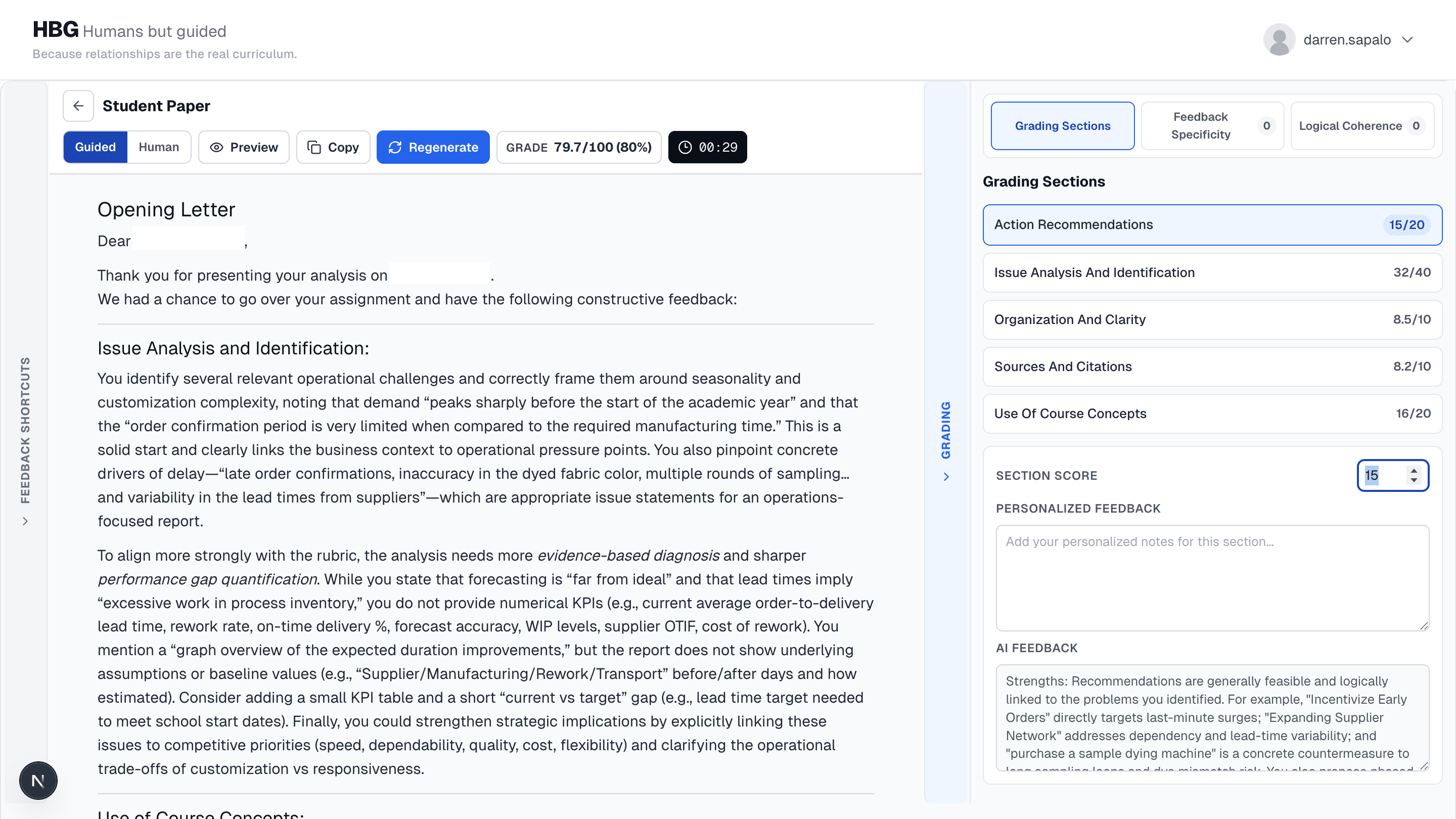 Full graded evaluation layout with rubric signals and complete feedback review.